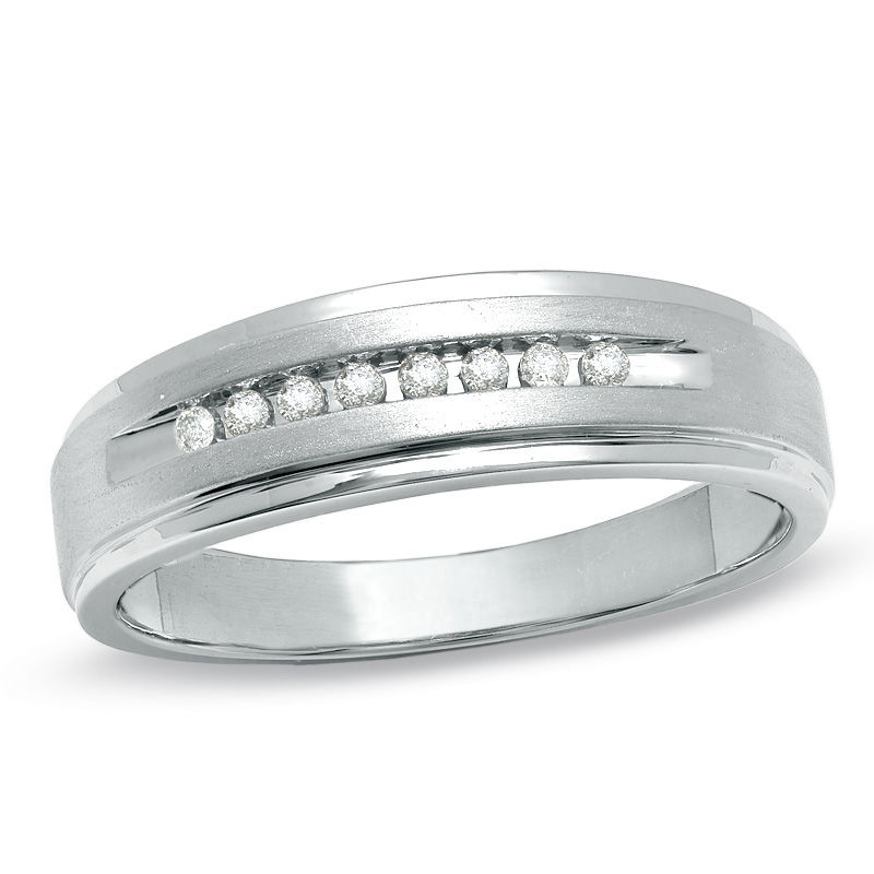 Main Image 1 of Previously Owned - Men's 1/10 CT. T.W. Diamond Wedding Band in 10K White Gold