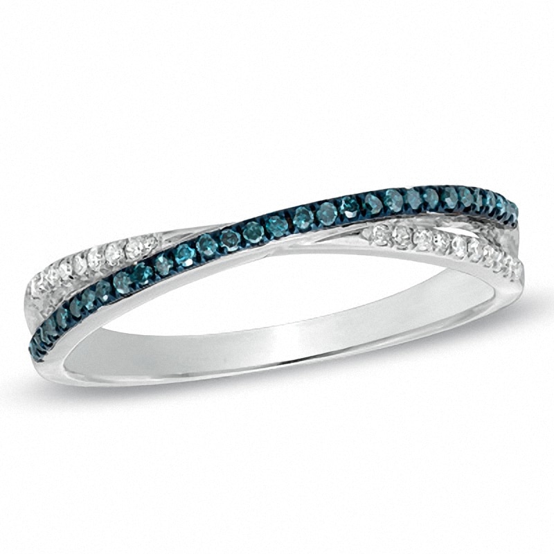 Main Image 1 of Previously Owned - 1/7 CT. T.W. Enhanced Blue and White Diamond Criss-Cross Band in 10K White Gold