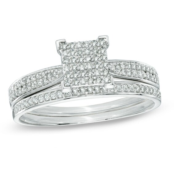 Previously Owned - 1/3 CT. T.w. Diamond Square Composite Bridal Set in 10K White Gold