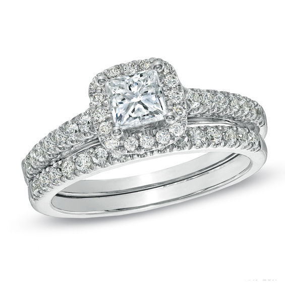 Previously Owned - Celebration LuxÂ® 1-1/5 CT. T.w. Princess-Cut Diamond Bridal Set in 14K White Gold (I/Si2)
