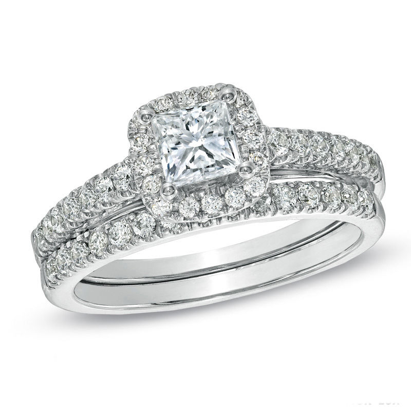 Main Image 1 of Previously Owned - Celebration Lux® 1-1/5 CT. T.W. Princess-Cut Diamond Bridal Set in 14K White Gold (I/SI2)