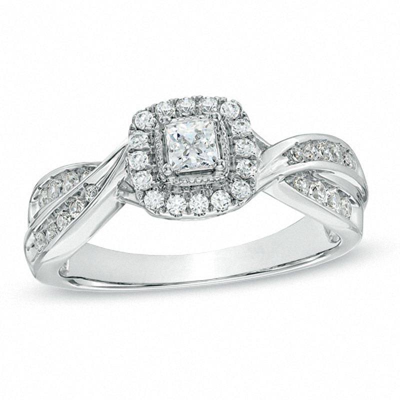 Main Image 1 of Previously Owned - 1/2 CT. T.W. Princess-Cut Diamond Frame Engagement Ring in 10K White Gold