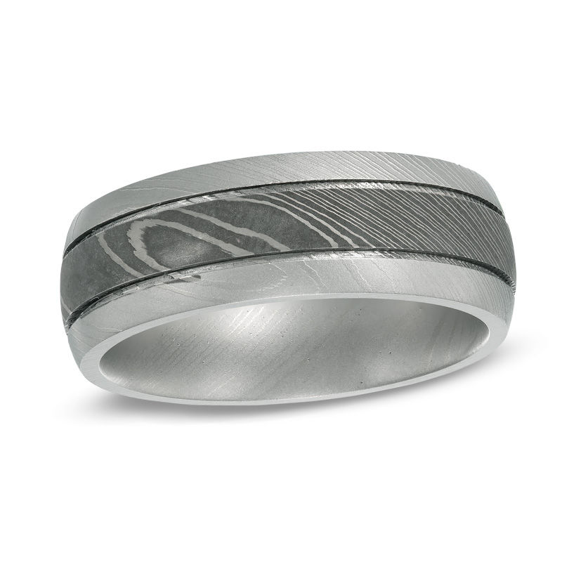 Previously Owned - Men's 8.0mm Comfort-Fit Double Grooved Wedding Band in Damascus Stainless Steel