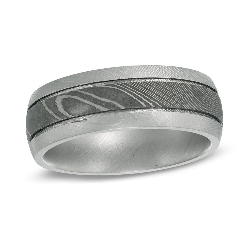Main Image 1 of Previously Owned - 8.0mm Comfort-Fit Double Grooved Wedding Band in Damascus Stainless Steel