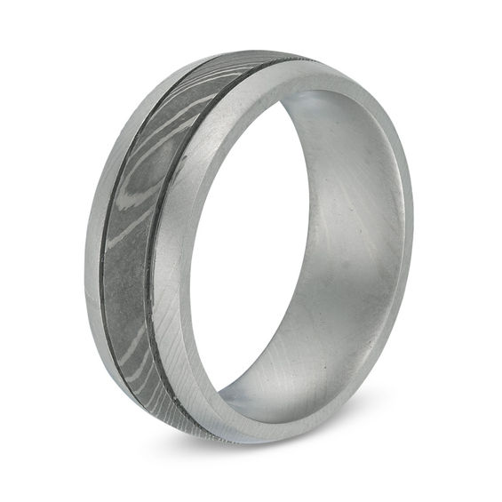 Previously Owned - 8.0mm Comfort-Fit Double Grooved Wedding Band in Damascus Stainless Steel