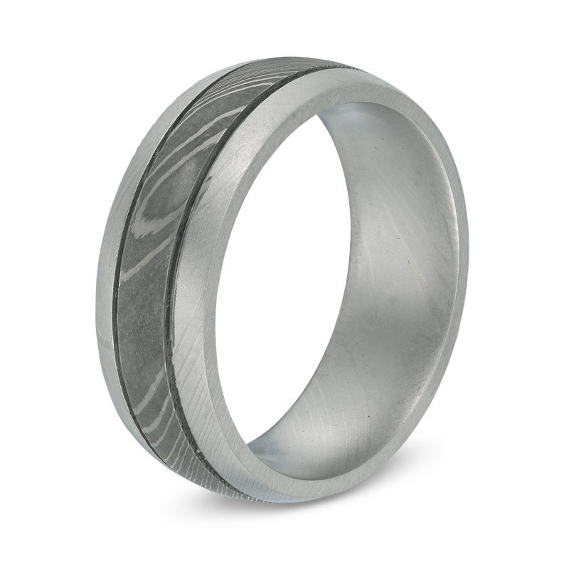 Previously Owned - Men's 8.0mm Comfort-Fit Double Grooved Wedding Band in Damascus Stainless Steel