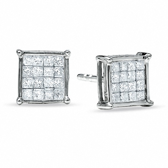 Previously Owned - 1/3 CT. T.w. Composite Princess Diamond Earrings in 14K White Gold