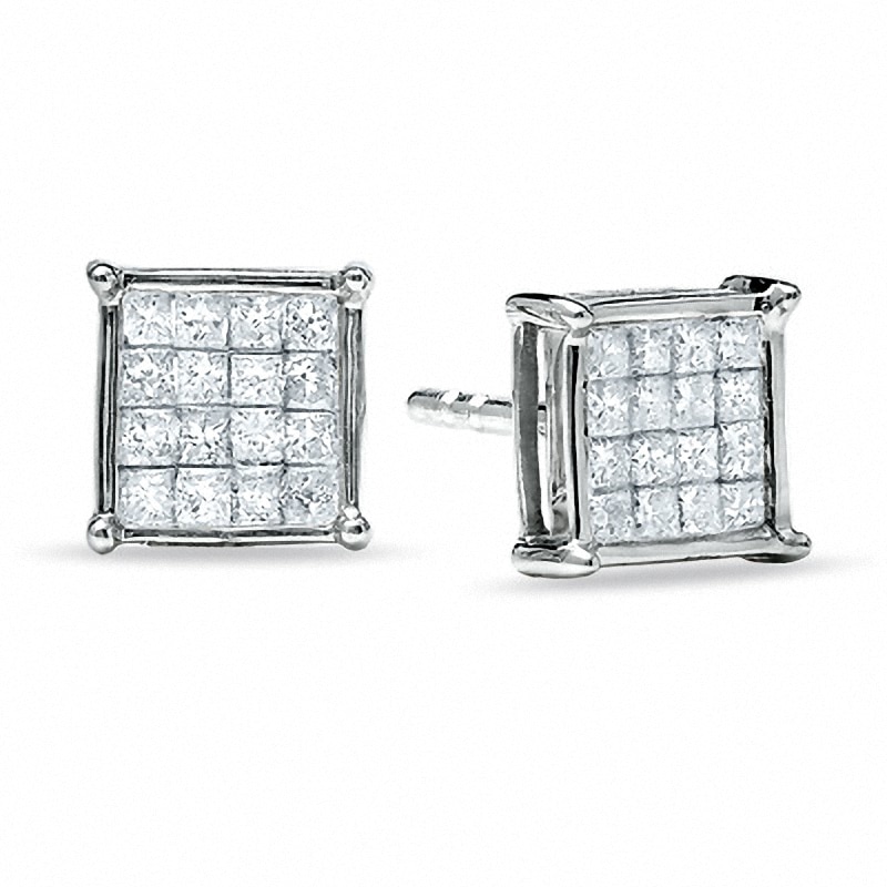 Main Image 1 of Previously Owned - 1/3 CT. T.W. Composite Princess Diamond Earrings in 14K White Gold
