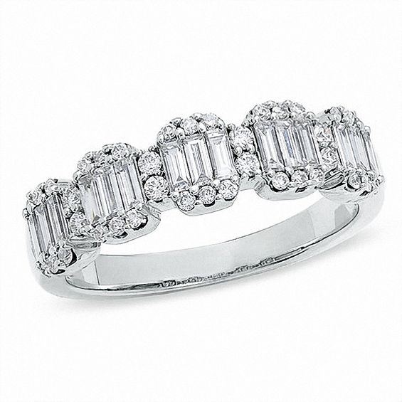 Previously Owned - 3/4 CT. T.w. Baguette and Round Diamond Band in 14K White Gold