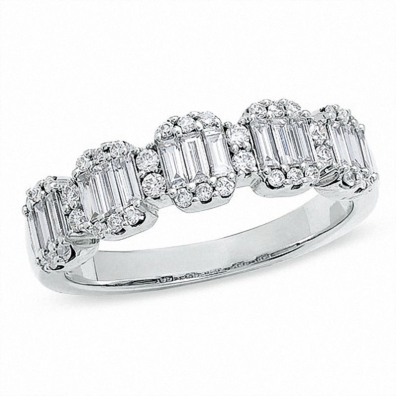 Previously Owned - 3/4 CT. T.W. Baguette and Round Diamond Band in 14K White Gold