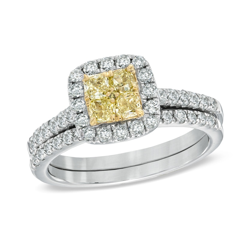 Main Image 1 of Previously Owned - 1-1/4 CT. T.W. Yellow and White Quad Diamond Frame Bridal Set in 14K White Gold