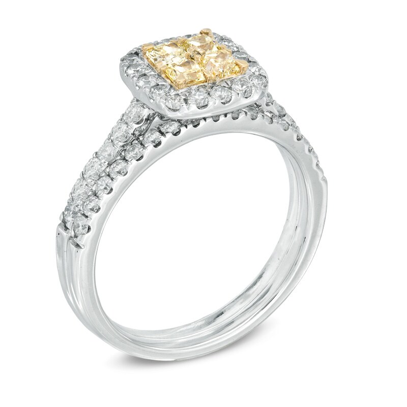 Main Image 2 of Previously Owned - 1-1/4 CT. T.W. Yellow and White Quad Diamond Frame Bridal Set in 14K White Gold