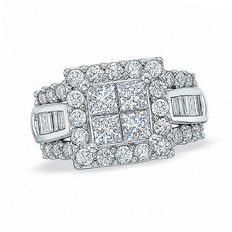 Main Image 1 of Previously Owned - 2.0 CT. T.W. Quad Princess-Cut and Baguette Diamond Engagement Ring in 14K White Gold