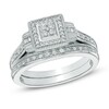 Thumbnail Image 1 of Previously Owned - 1/4 CT. T.W. Quad Diamond Square Frame Bridal Set in Sterling Silver