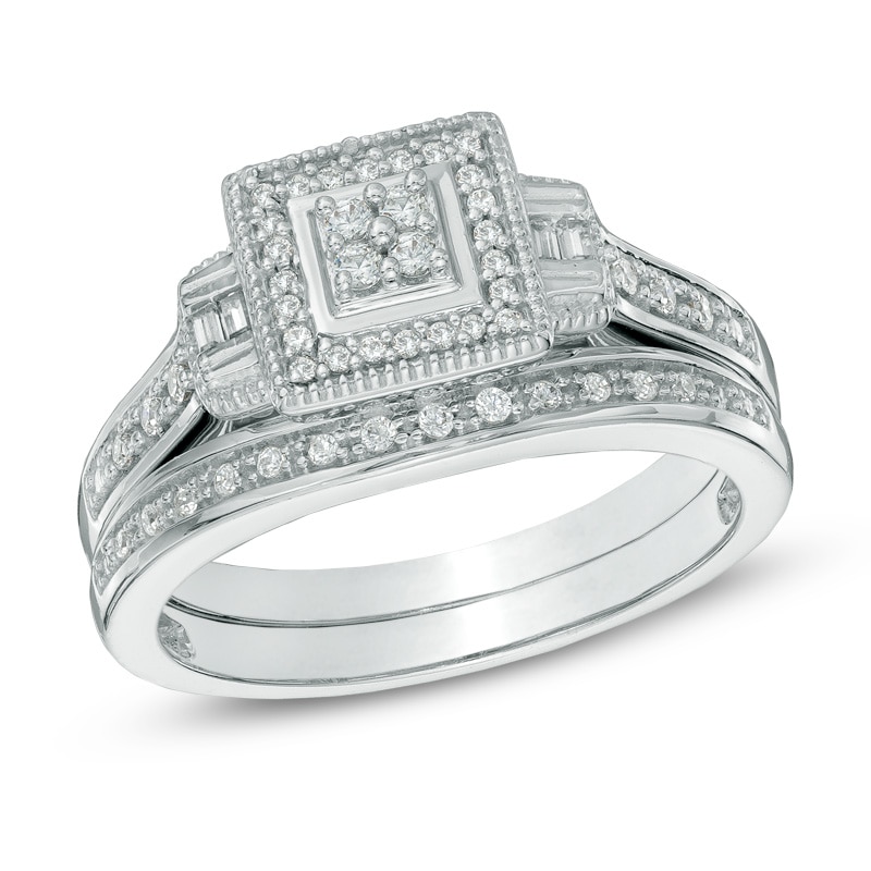 Main Image 1 of Previously Owned - 1/4 CT. T.W. Quad Diamond Square Frame Bridal Set in Sterling Silver