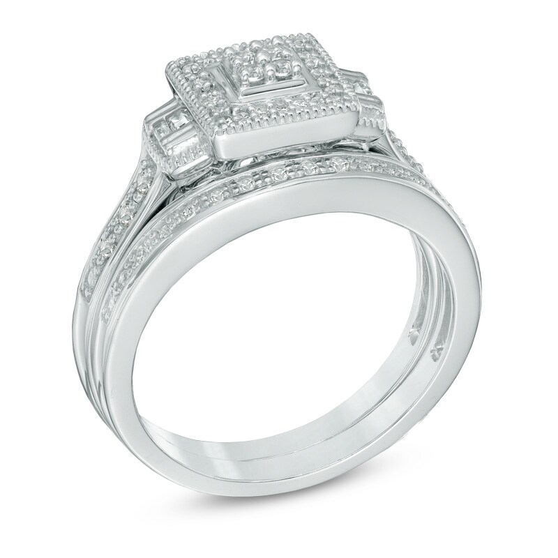 Main Image 2 of Previously Owned - 1/4 CT. T.W. Quad Diamond Square Frame Bridal Set in Sterling Silver