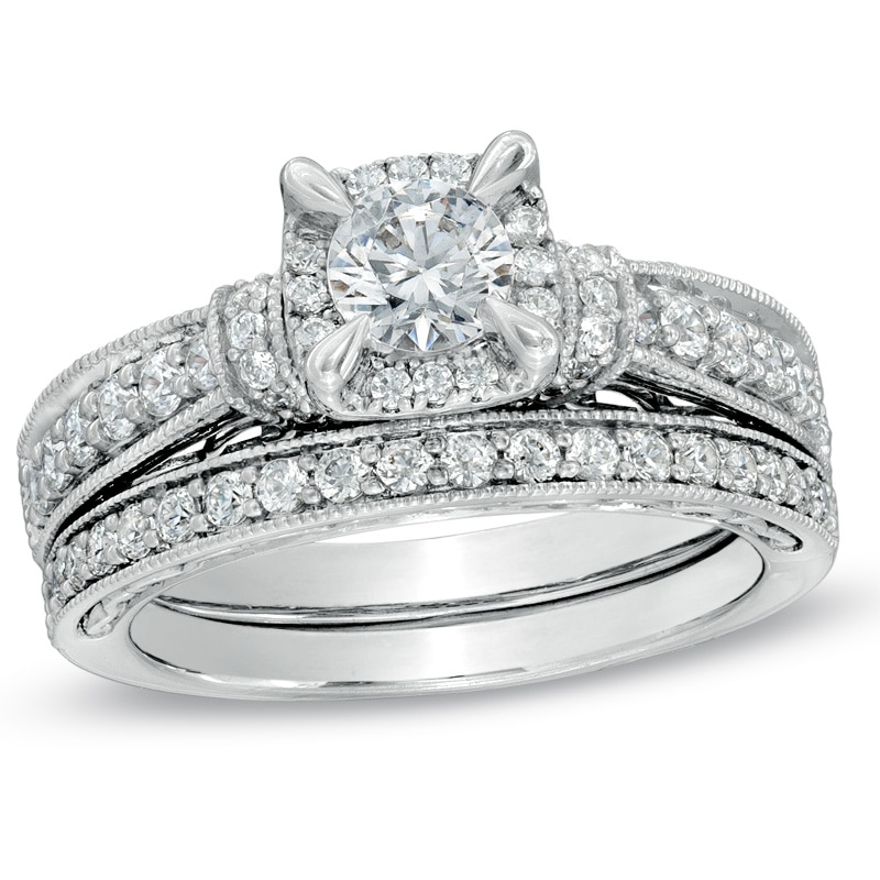 Main Image 1 of Previously Owned - 1-1/5 CT. T.W. Diamond Vintage-Style Bridal Set in 14K White Gold