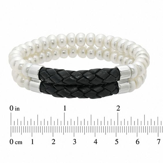 Previously Owned-Honora 7.0-7.5mm Freshwater Cultured Pearl and Black Braided Leather Double Strand Bracelet-7.5"