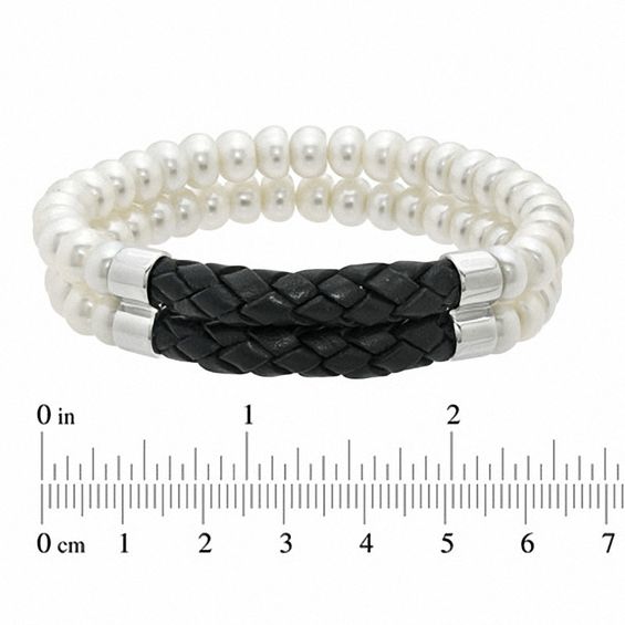 Previously Owned - Honora 7.0 - 7.5mm Cultured Freshwater Pearl and Black Braided Leather Double Strand Bracelet - 7.5"