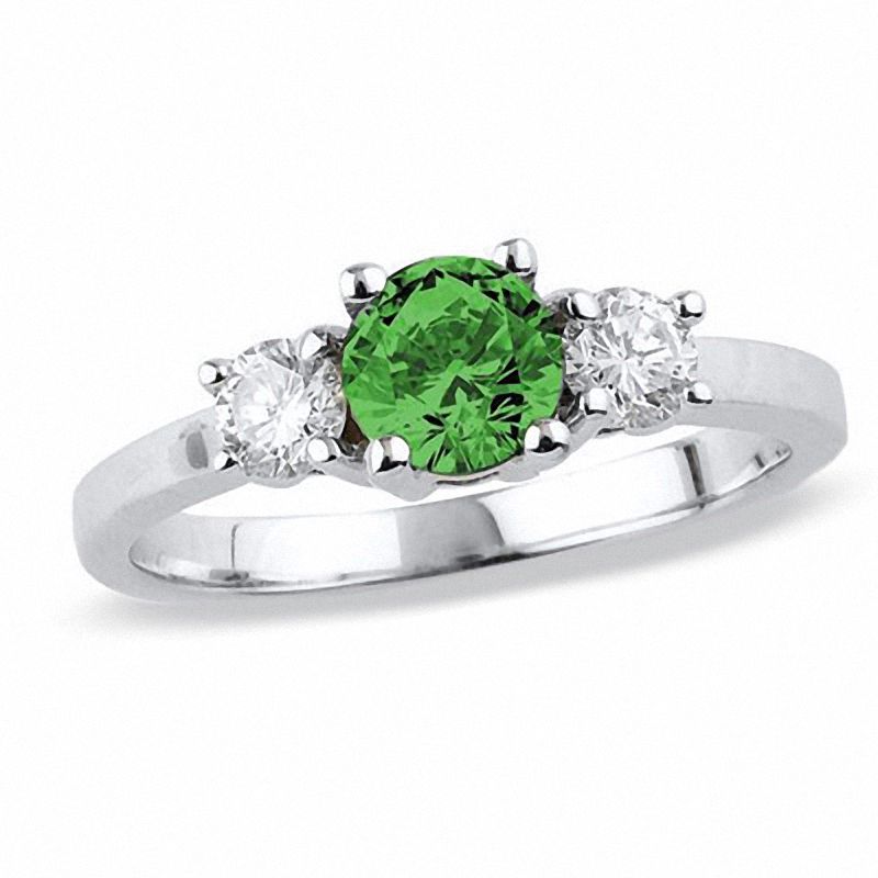 Main Image 1 of Previously Owned - 3/4 CT. T.W. Enhanced Fancy Green and White Diamond Three Stone Ring in 14K White Gold (I2)