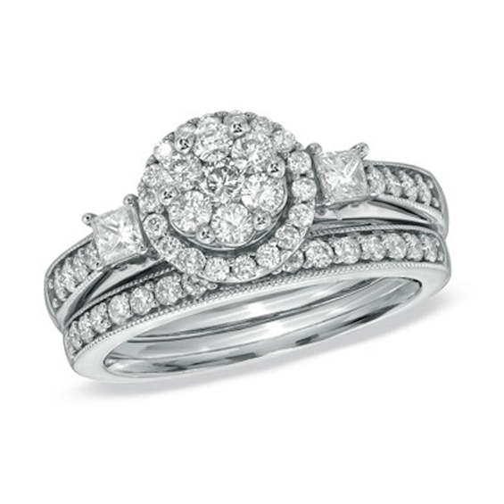 Previously Owned - 1 CT. T.w. Round and Princess-Cut Diamond Flower Bridal Set in 10K White Gold