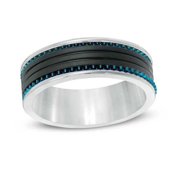Previously Owned - 8.0mm Rivet and Groove Wedding Band in Blue and Black IP Stainless Steel