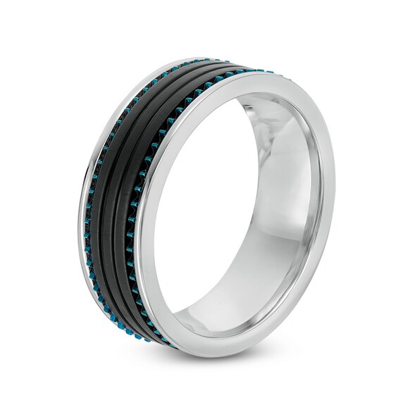 Previously Owned - 8.0mm Rivet and Groove Wedding Band in Blue and Black IP Stainless Steel