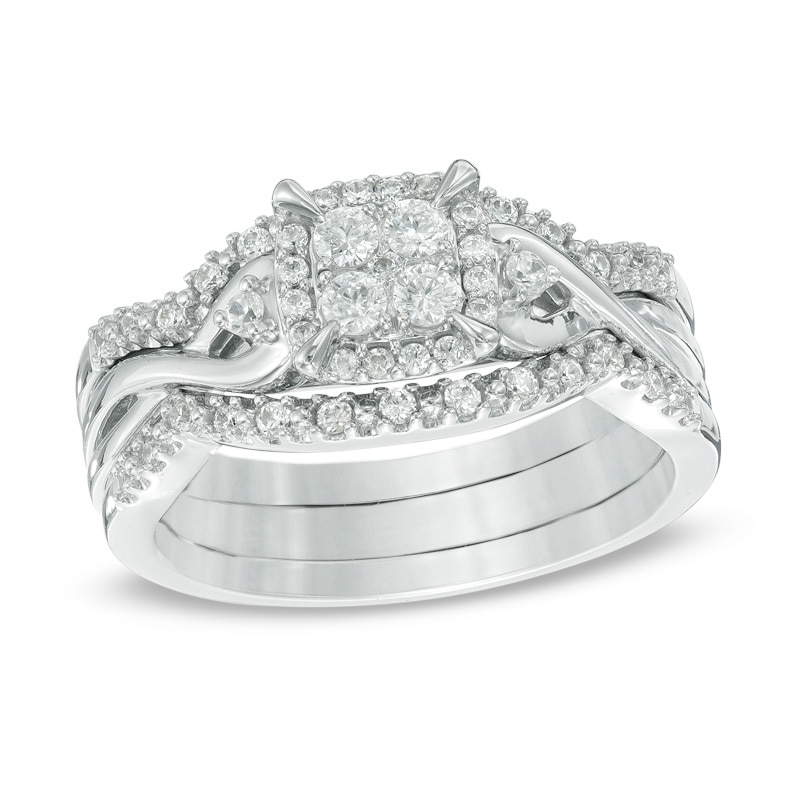 Main Image 1 of Previously Owned - 3/8 CT. T.W. Diamond Cluster Frame Three Piece Bridal Set in 10K White Gold