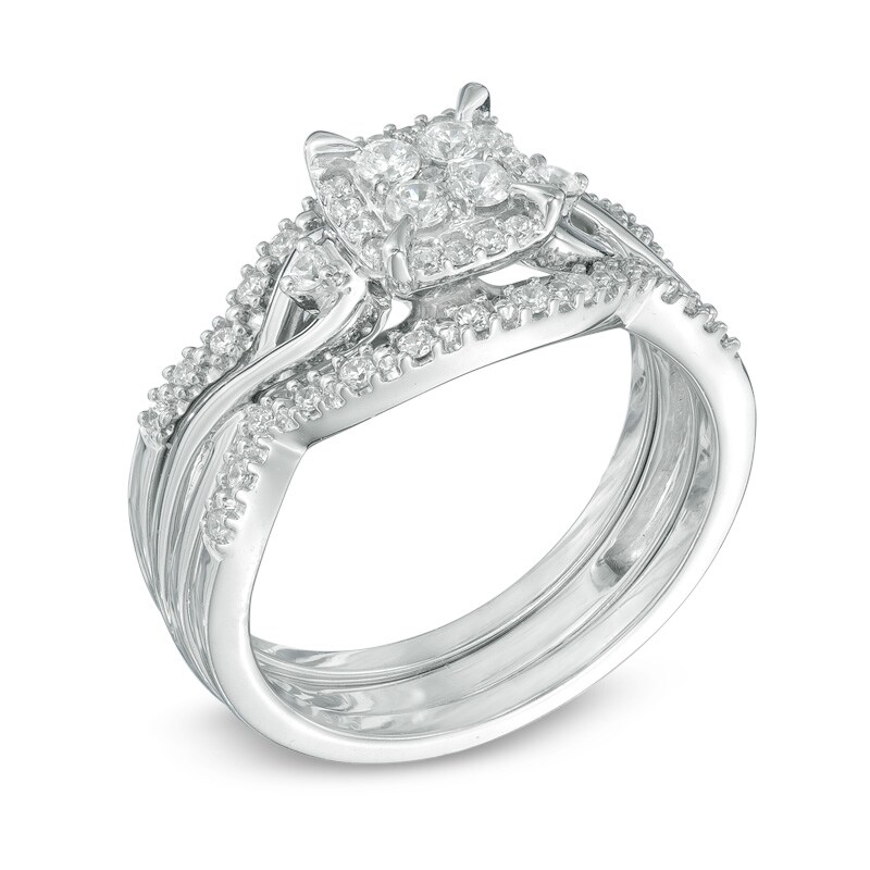 Main Image 2 of Previously Owned - 3/8 CT. T.W. Diamond Cluster Frame Three Piece Bridal Set in 10K White Gold