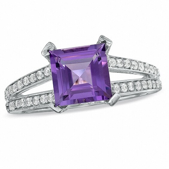 Previously Owned - Princess-Cut Amethyst and 1/4 CT. T.w. Diamond Engagement Ring in 10K White Gold