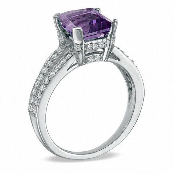 Previously Owned - Princess-Cut Amethyst and 1/4 CT. T.w. Diamond Engagement Ring in 10K White Gold