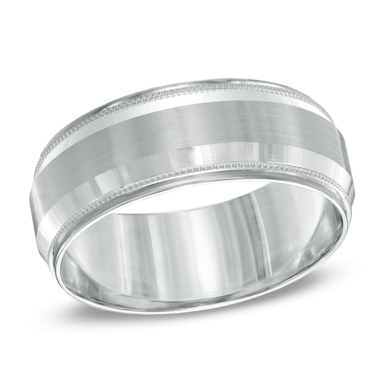Main Image 1 of Previously Owned - 8.0mm Bevelled Milgrain Comfort Fit Wedding Band in 14K White Gold - Size 10
