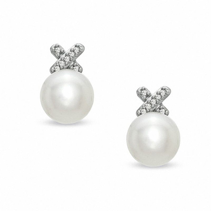 Main Image 1 of Previously Owned-Honora 7.0-7.5mm Freshwater Cultured Pearl and Diamond Accent &quot;X&quot; Earrings in Sterling Silver