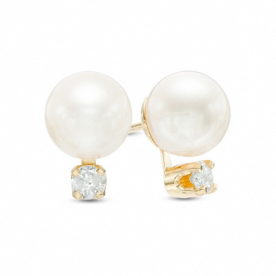 Previously Owned-7.5-8.0mm Akoya Cultured Pearl Earrings with Diamond Accents in 14K Gold
