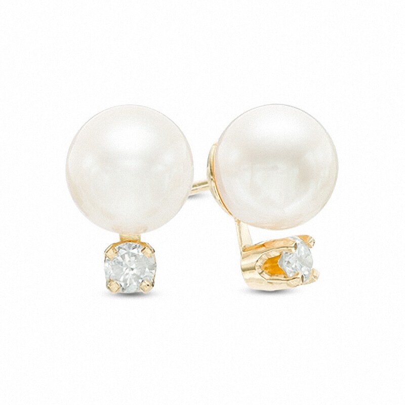 Main Image 1 of Previously Owned-7.5-8.0mm Akoya Cultured Pearl Earrings with Diamond Accents in 14K Gold