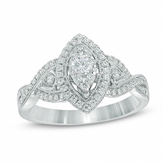 Previously Owned - 1/2 CT. T.w. Diamond Marquise Frame Crossover Engagement Ring in 14K White Gold