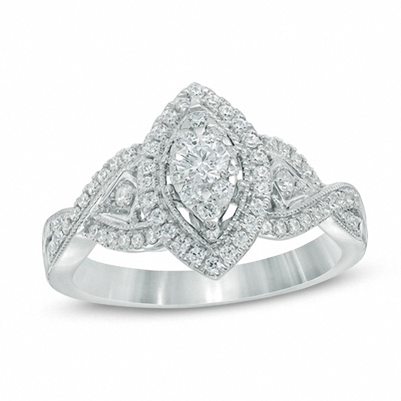 Main Image 1 of Previously Owned - 1/2 CT. T.W. Diamond Marquise Frame Crossover Engagement Ring in 14K White Gold