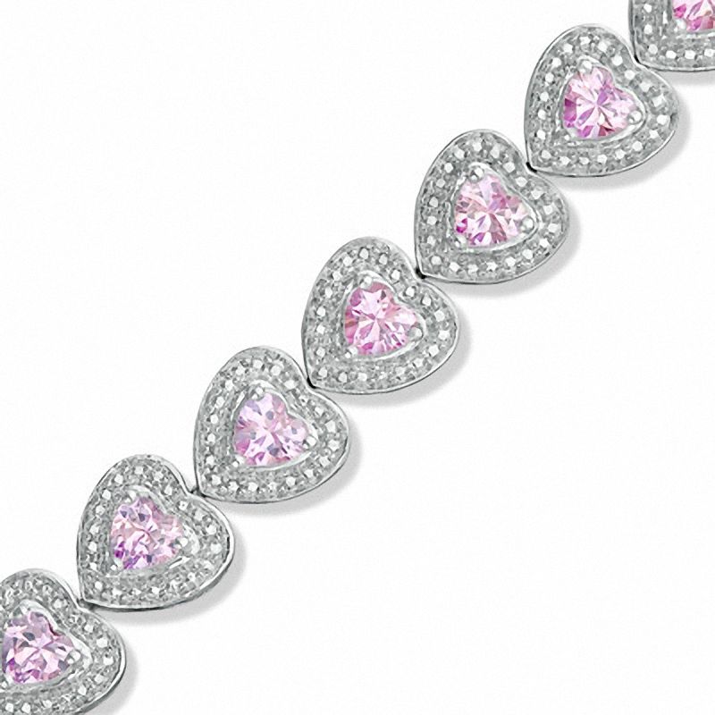 Main Image 1 of Previously Owned - Heart-Shaped Lab-Created Pink Sapphire and Diamond Accent Bracelet in Sterling Silver - 7.25"