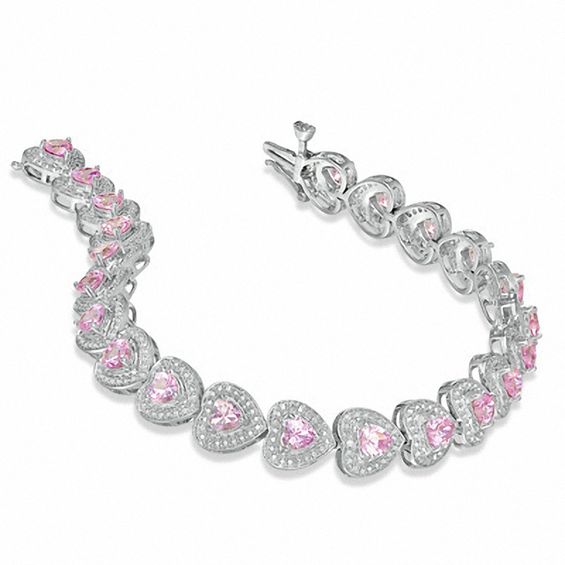 Previously Owned - Heart-Shaped Lab-Created Pink Sapphire and Diamond Accent Bracelet in Sterling Silver - 7.25"