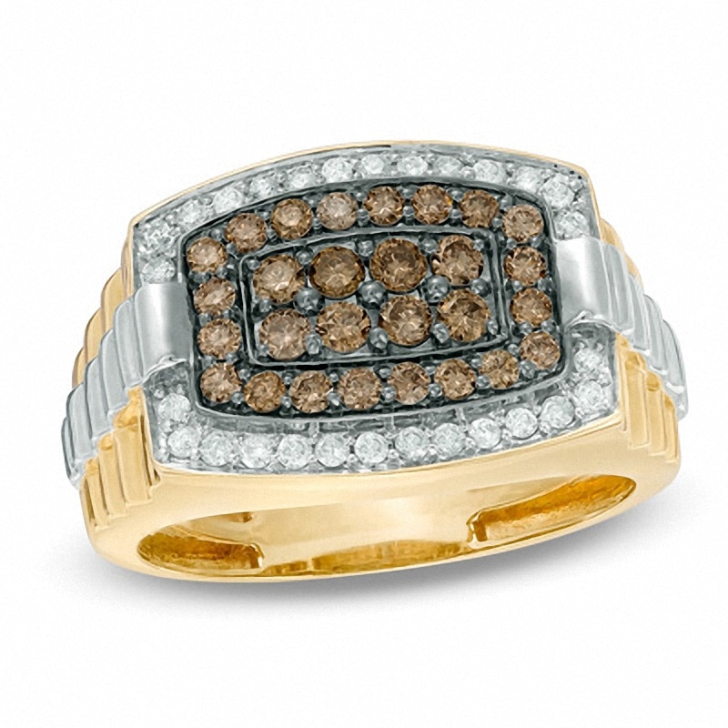 Previously Owned - Men's 1 CT. T.W. Champagne and White Diamond Tonneau-Shaped Ring in 10K Gold