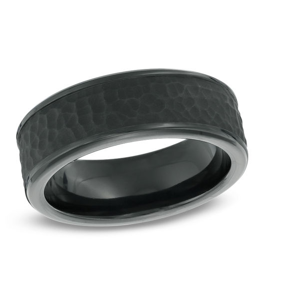 Previously Owned - 8.0mm Hammered Inlay Comfort Fit Black Titanium Wedding Band