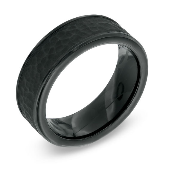 Previously Owned - 8.0mm Hammered Inlay Comfort Fit Black Titanium Wedding Band