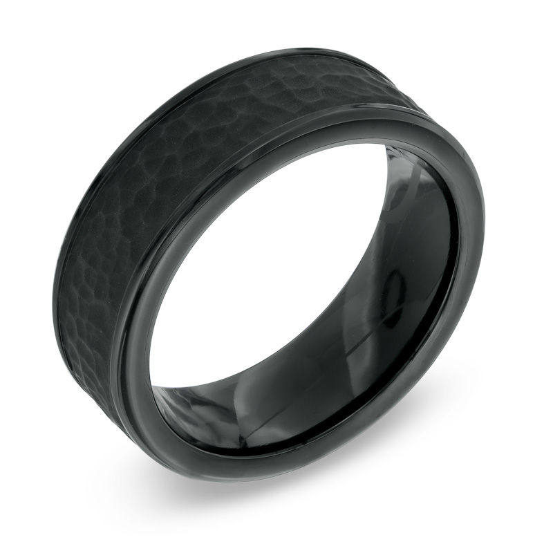 Main Image 2 of Previously Owned - Men's 8.0mm Hammered Inlay Comfort Fit Black Titanium Wedding Band