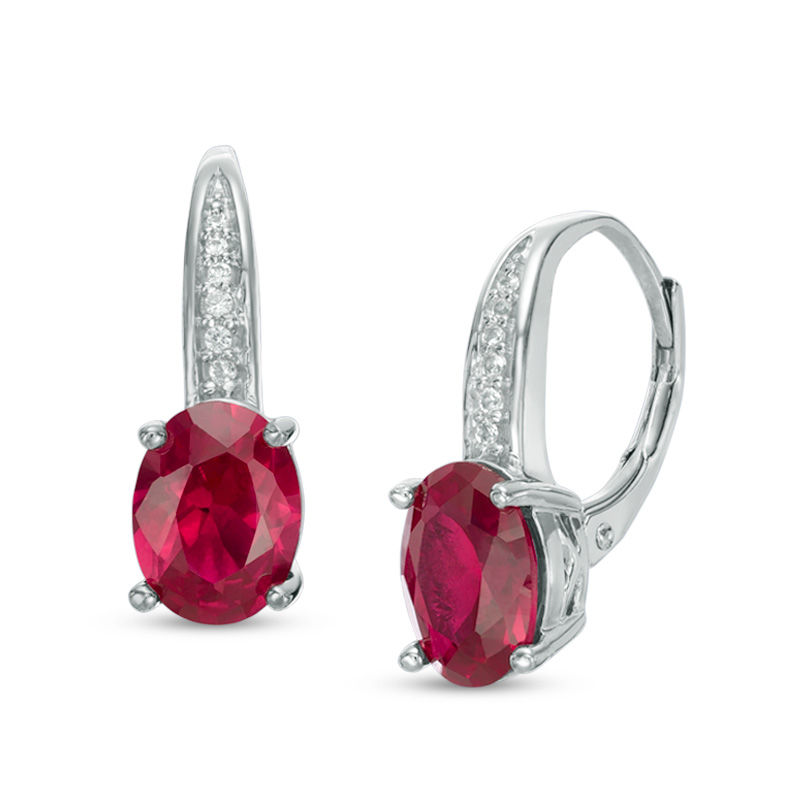Main Image 1 of Previously Owned - Oval Lab-Created Ruby and Diamond Accent Drop Earrings in Sterling Silver