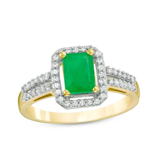 Previously Owned - Emerald-Cut Emerald and 1/4 CT. T.w. Diamond Frame Ring in 10K Gold