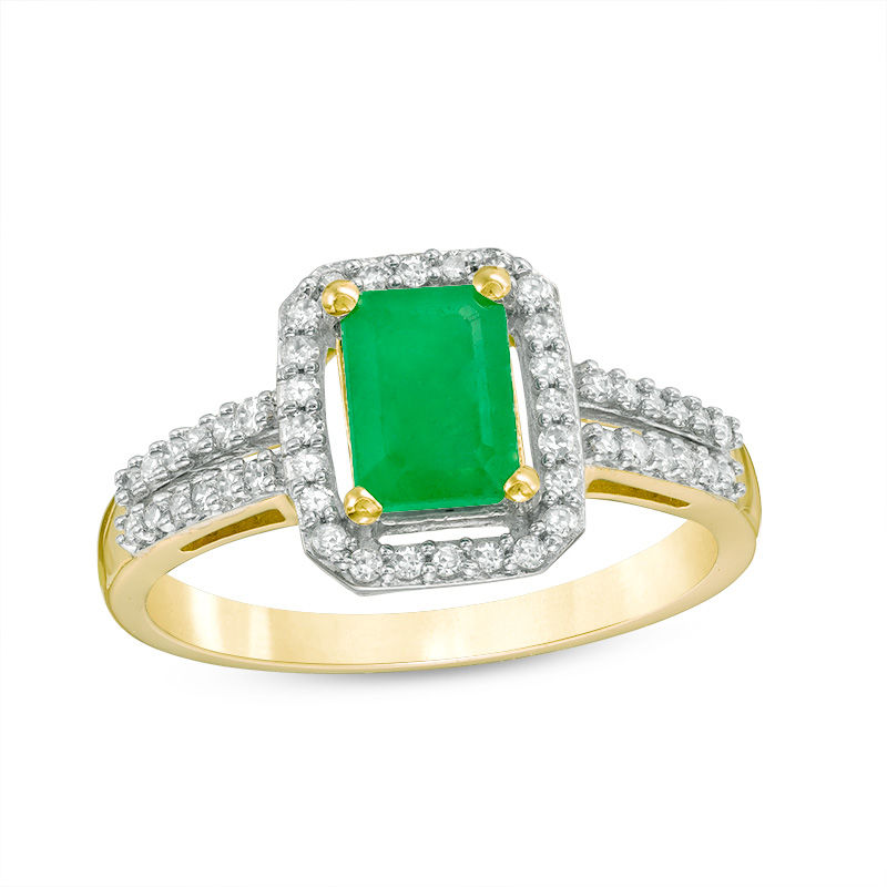 Main Image 1 of Previously Owned - Emerald-Cut Emerald and 1/4 CT. T.W. Diamond Frame Ring in 10K Gold