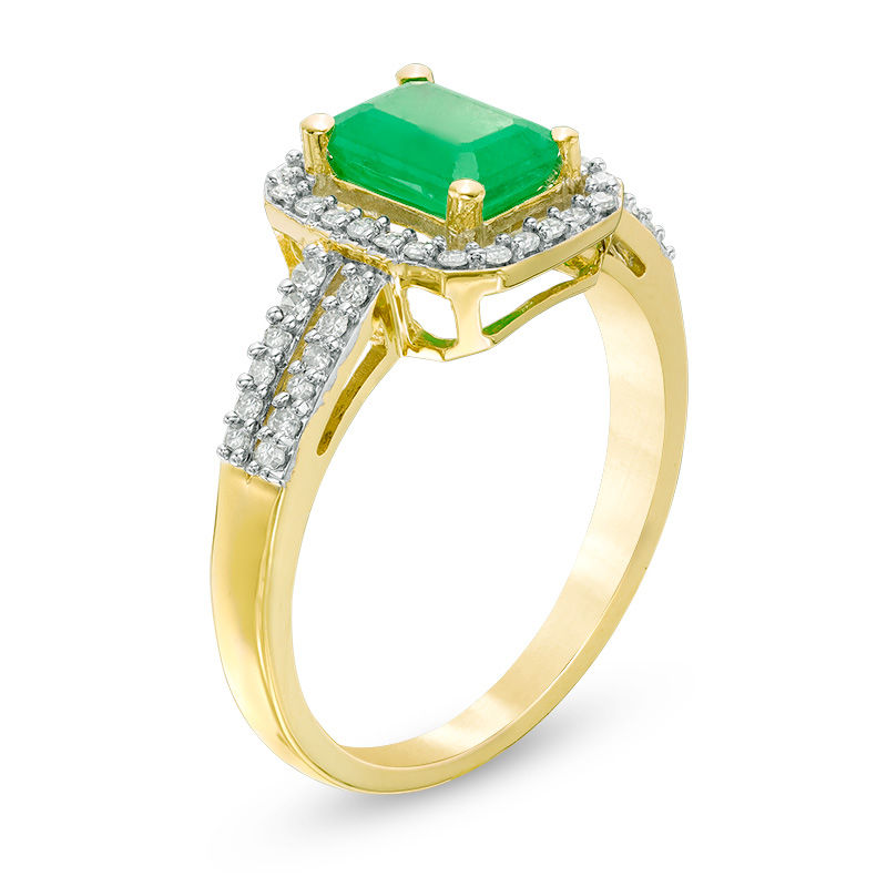 Main Image 2 of Previously Owned - Emerald-Cut Emerald and 1/4 CT. T.W. Diamond Frame Ring in 10K Gold
