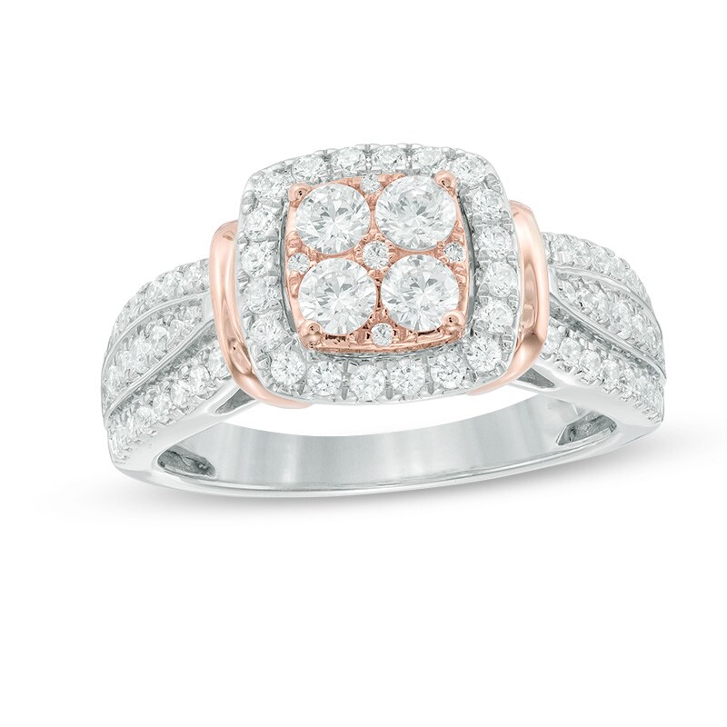 Main Image 1 of Previously Owned - 1 CT. T.W. Cushion-Shaped Multi-Diamond Frame Engagement Ring in 14K Two-Tone Gold