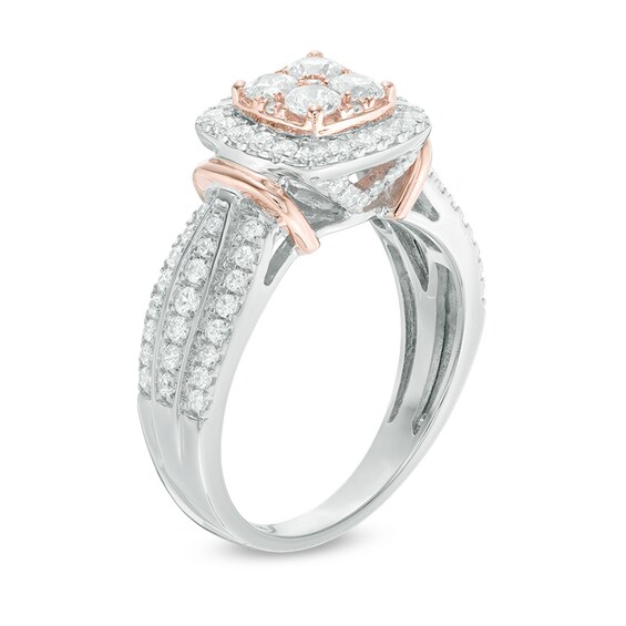 Previously Owned - 1 CT. T.w. Cushion-Shaped Multi-Diamond Frame Engagement Ring in 14K Two-Tone Gold