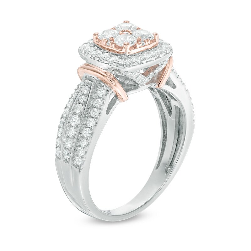 Main Image 2 of Previously Owned - 1 CT. T.W. Cushion-Shaped Multi-Diamond Frame Engagement Ring in 14K Two-Tone Gold